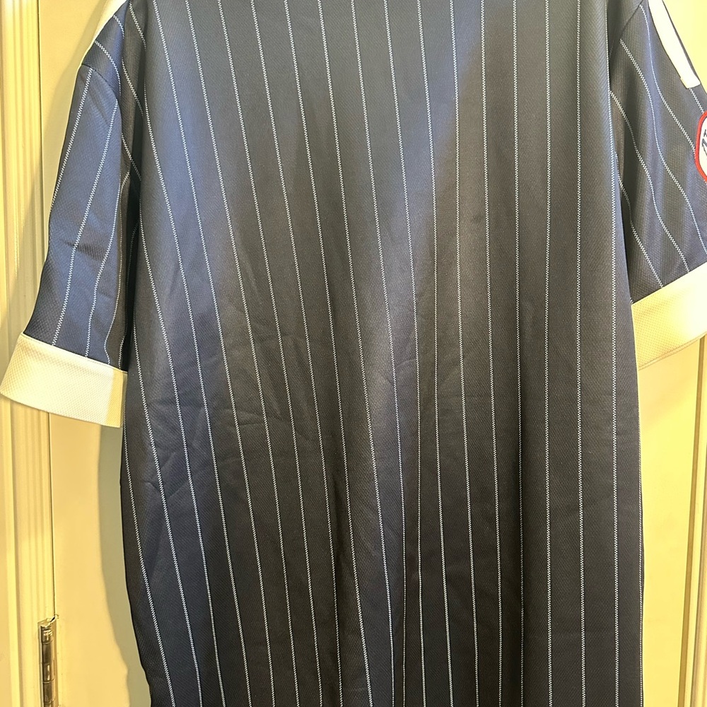 FP Movement by Free People Navy Pinstripe V-Neck Tunic Dress with White Trim - Picture 7 of 8
